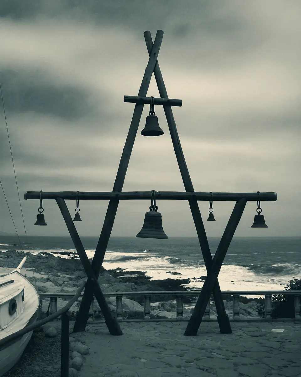 Campanas colgadas de una estructura de madera frente al mar en Isla Negra
